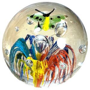 Art Glass Round Butterfly Firework Paperweight
